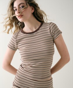 Remera Entallada Algodón Rayado Marron