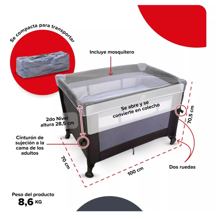 Practicuna Plegable Con Mosquitero Y Ruedas - Tinok Gris/Gris