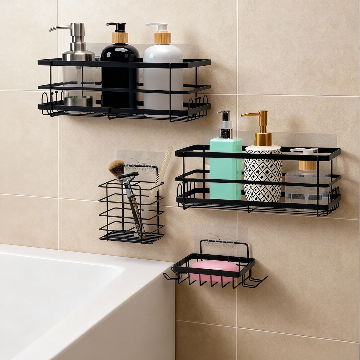 Set X4 Estante Organizador Baño Accesorio Ducha Con Adhesivo IMBACK Color Negro 
