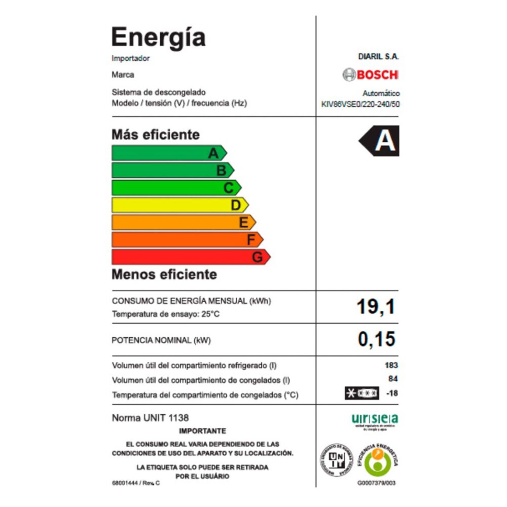 REFRIGERADOR PANELABLE BOSCH 267-LITROS BLANCO KIV86VSE0