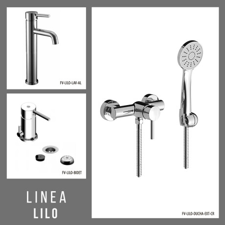 JUEGO DE GRIFERIA, INCLUYE DUCHA EXTERIOR, BIDET Y LAVATORIO ALTO, CROMO, FV LINEA LILO 000