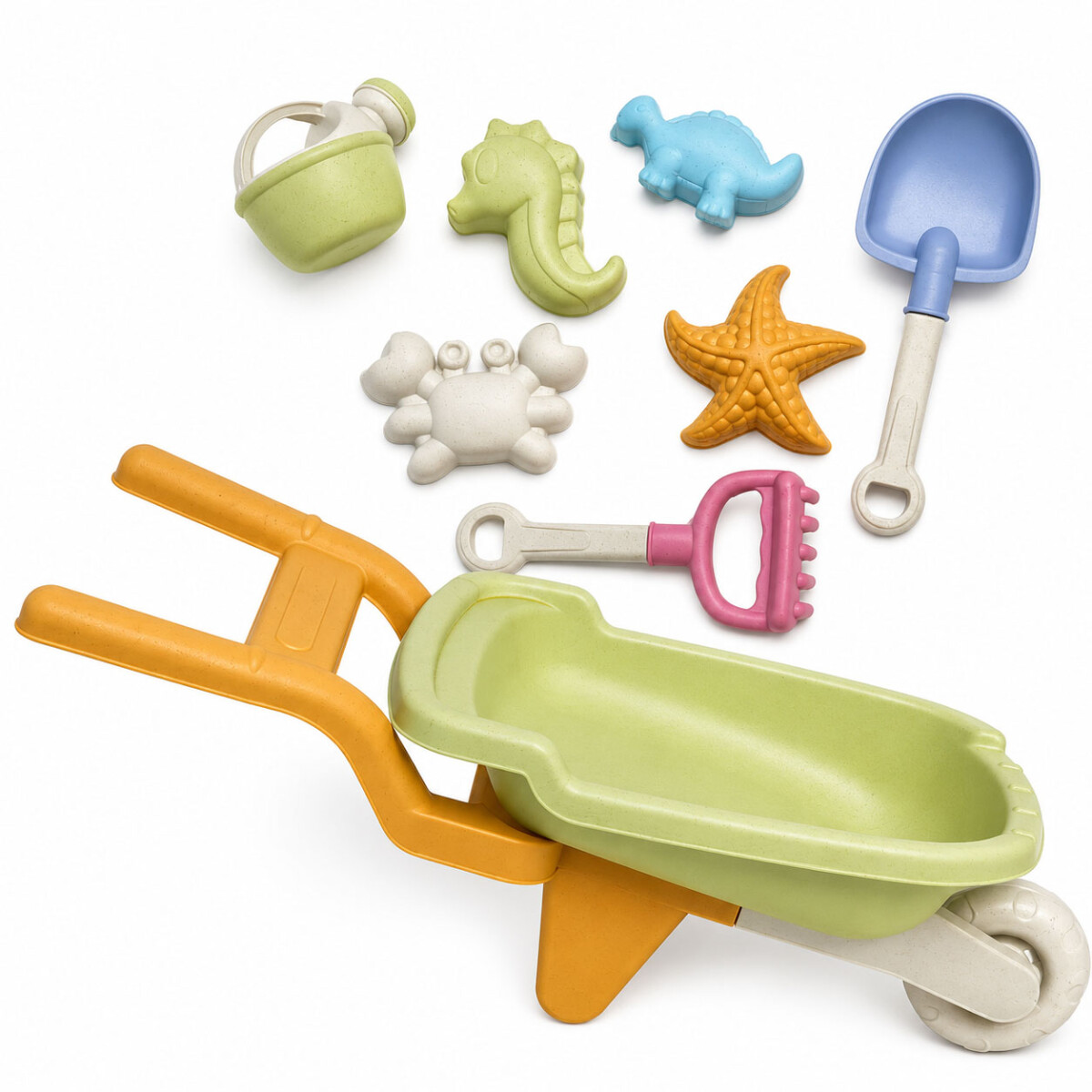 Set Juego De Playa Infantil 8 Piezas Con Carretilla y Moldes - Verde 