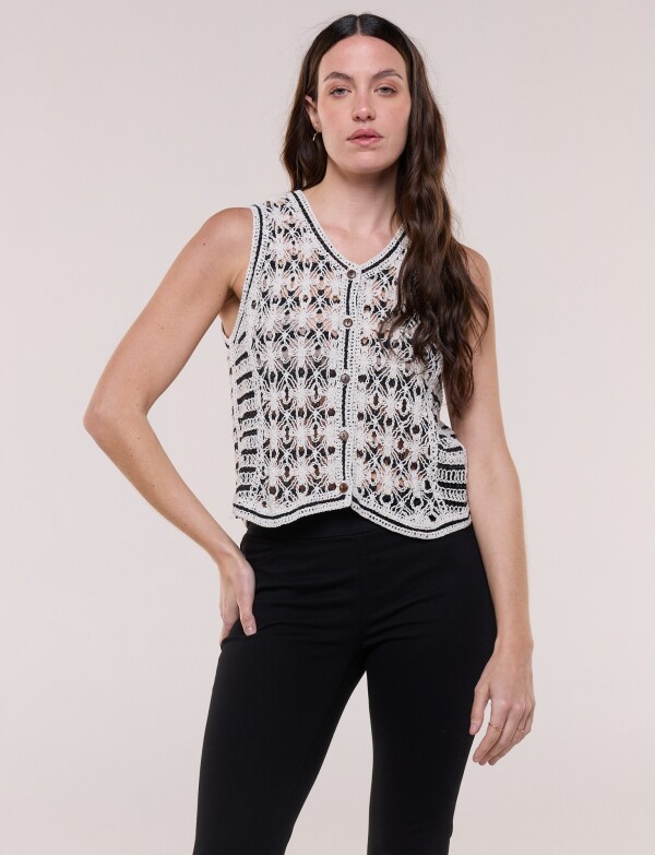 Chaleco Crochet Botones NEGRO/BEIGE