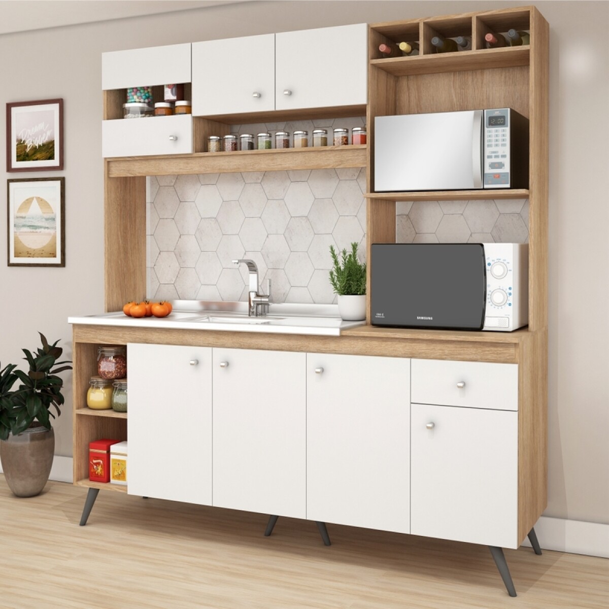 Kit de cocina compacta 7 puertas 1 cajón S/Pileta 182x29x52x197cm - Carvale / Blanco 