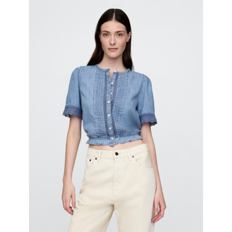 SS LACE INSERT FASHION SHIRT - DENIM LIGHT WASH
