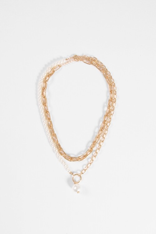 Collar multiple cadenas con perla dorado