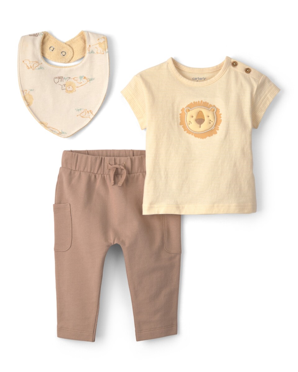 Set tres piezas de algodón, pantalón, remera y babero, marrón y amarillo, diseño leones 