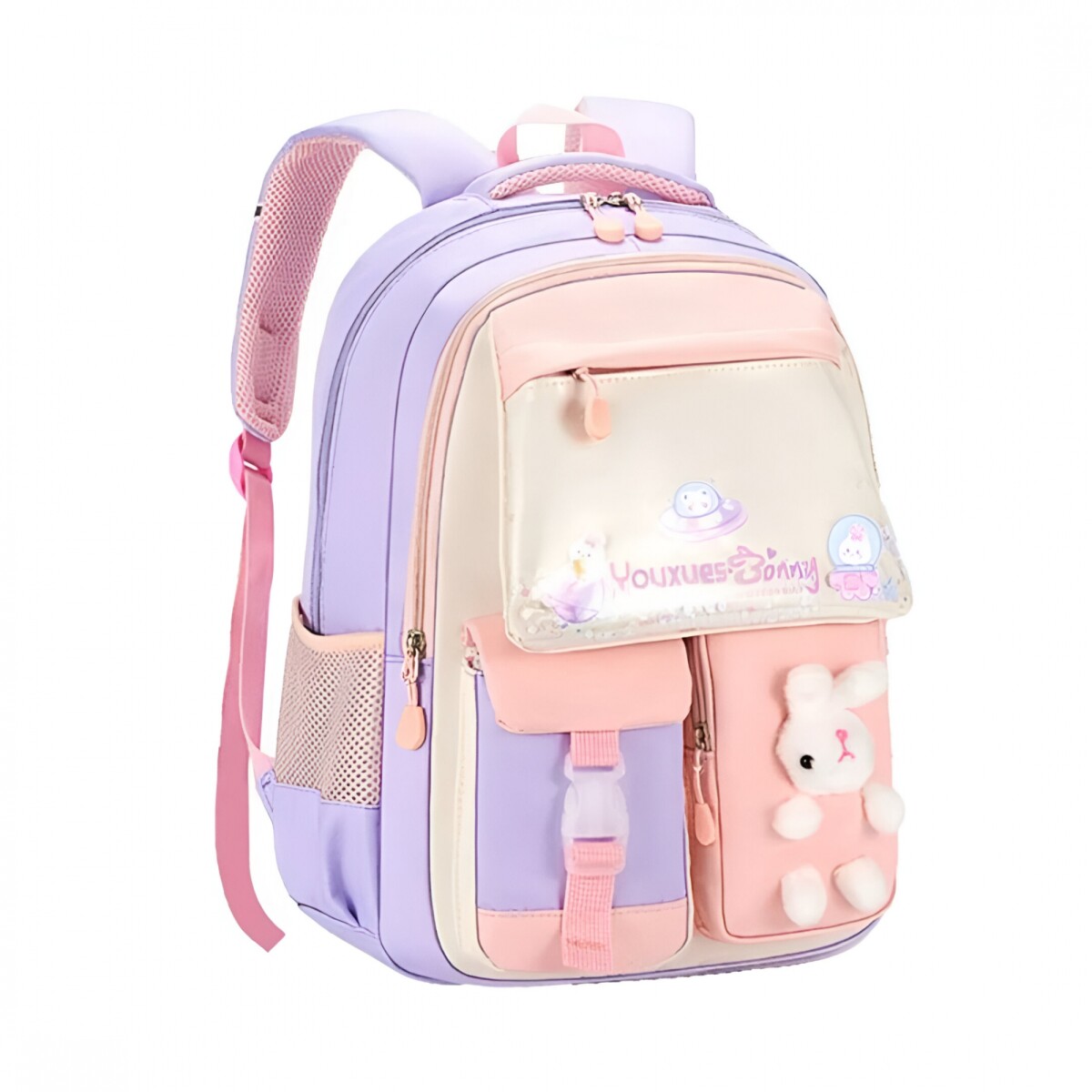 Mochila Kawaii Escolar Infantil Diseño Peluche Conejito - Color Rosado 
