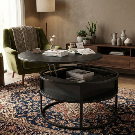 MESA DE LIVING CENTRO AUXILIAR ELEVABLE - TAPA CIRCULAR Color negro