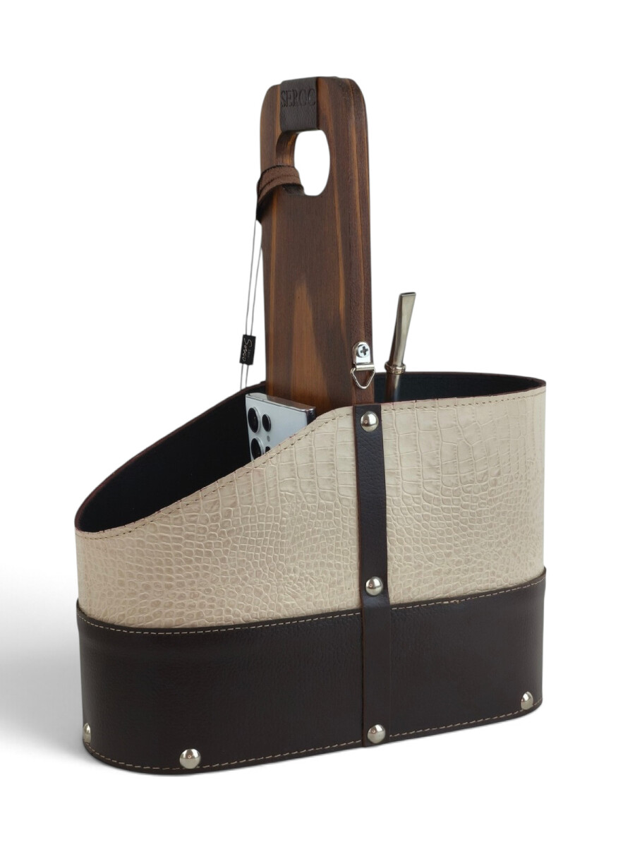 Matera de Cuero Legítimo con Estructura Integral de Madera y portacelular - croco 3 