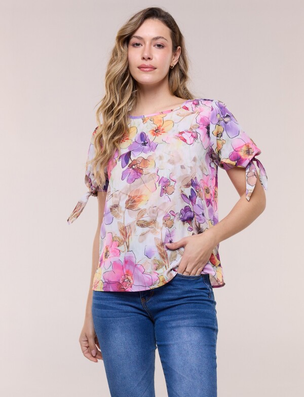 Blusa Flores Acuareladas Con Mangas Con Lazos VIOLETA/MULTI