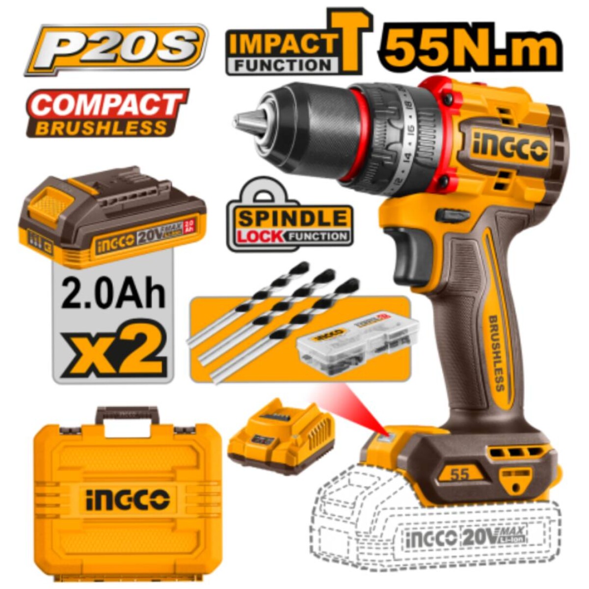 Atornillador Percutor INGCO Compact a Bateria 20V P20S 55NM con 2X2AH - Incluye Bateria y Cargador 