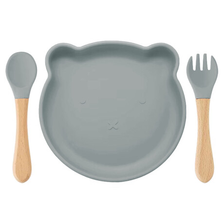 Set Comida Bebé Silicona Plato y Bowl Oso + Cuchara Tenedor Azul Grisáceo
