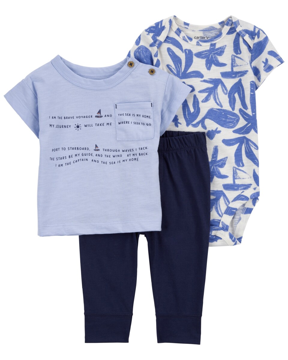 Set tres piezas de algodón, pelele, remera y body diseño ballena 