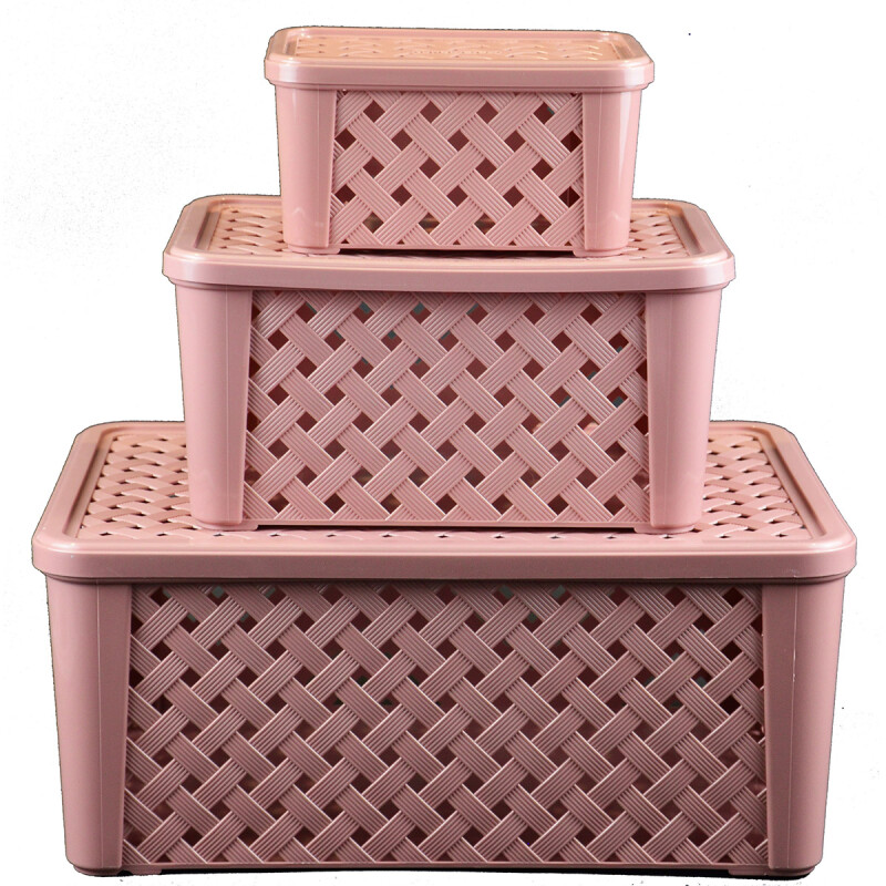 Set x3 Caja organizadora simil rattán con tapa G ROSADO