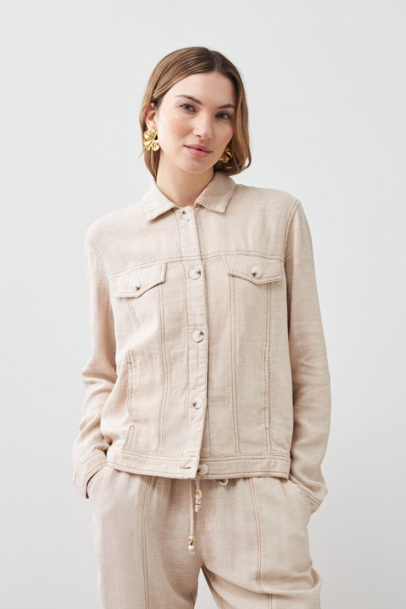 Chaqueta de lino pespuntes y parche bordado beige melange