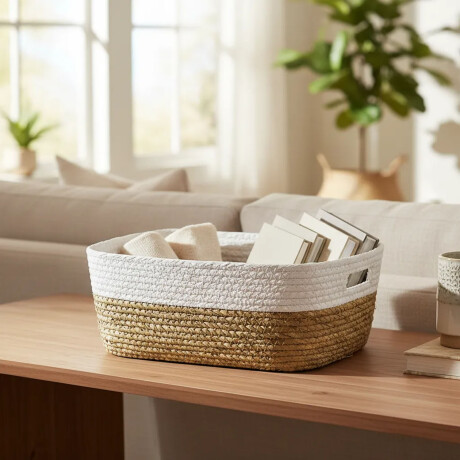 Cesto Canasto Fibra Natural Paramount Decoración 30x23x11Cm Blanco