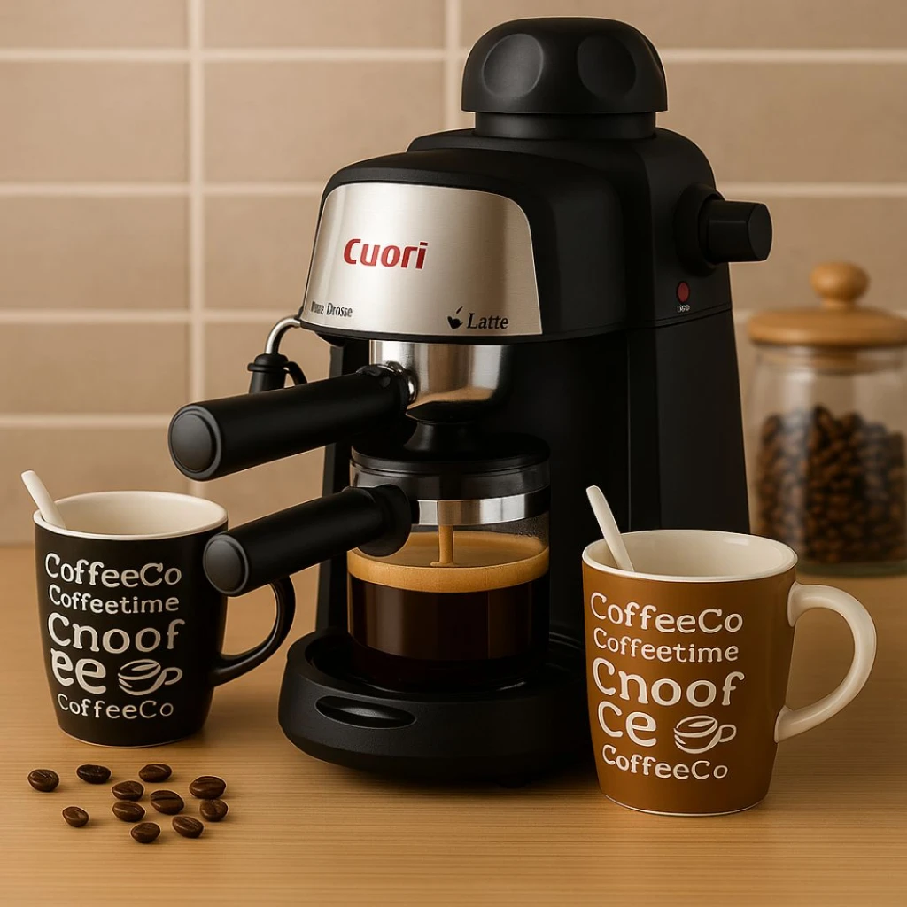 Pack Cafetera Expreso Latte + 2 Tazas Cerámica con Cucharas