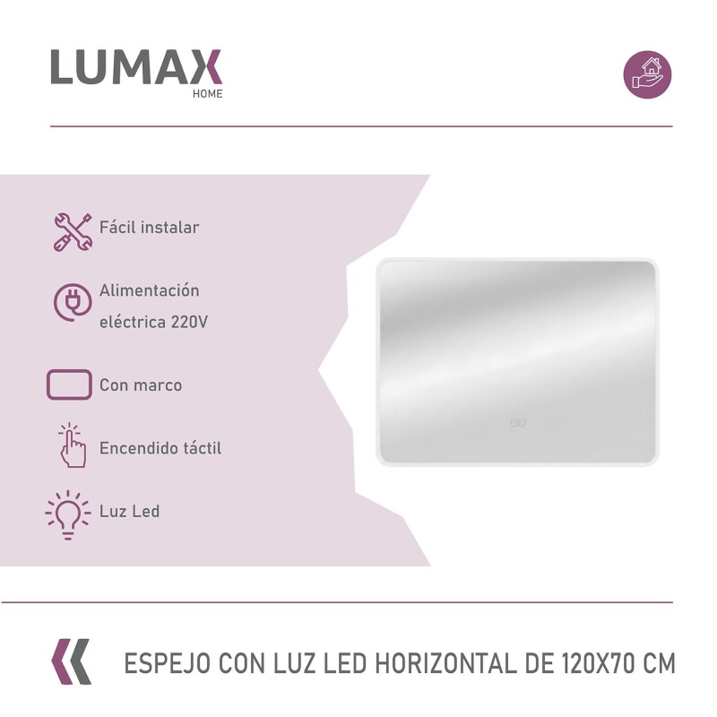 Espejo Horizontal Lumax Suleban c/marco y luz 120x70cm Blanco