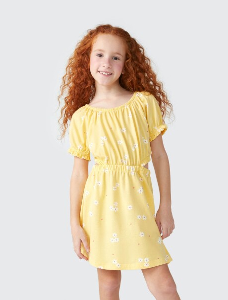 VESTIDO CON FRUNCE ESTAMPADO AMARILLO