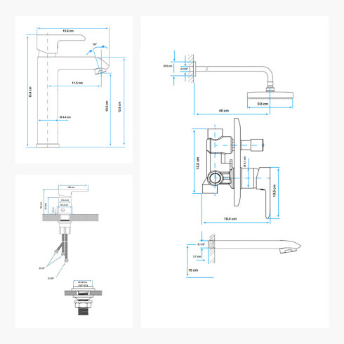 Juego De Griferia Completo. Incluye Ducha Embutida, Lavatorio Bajo Y Bidet Apertura En Frio, Oro Semi Mate Aqualia 000