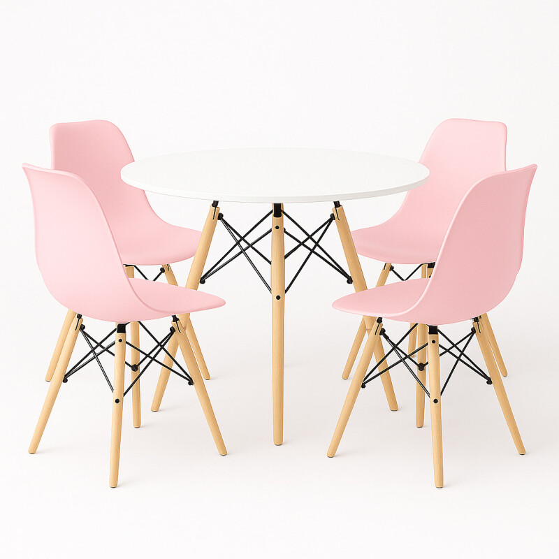 Juego de comedor Con Mesa Circular de 80cm + 4 Sillas Eames Rosa/Blanco