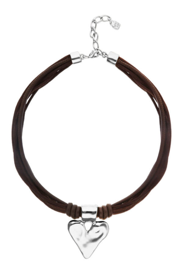 COLLAR MEZCLA DE HILO DE SEDA CON CUERO MARRÓN OSCURO Y DETALLE DE CORAZÓN BAÑADO EN PLATA DE LEY Colgante