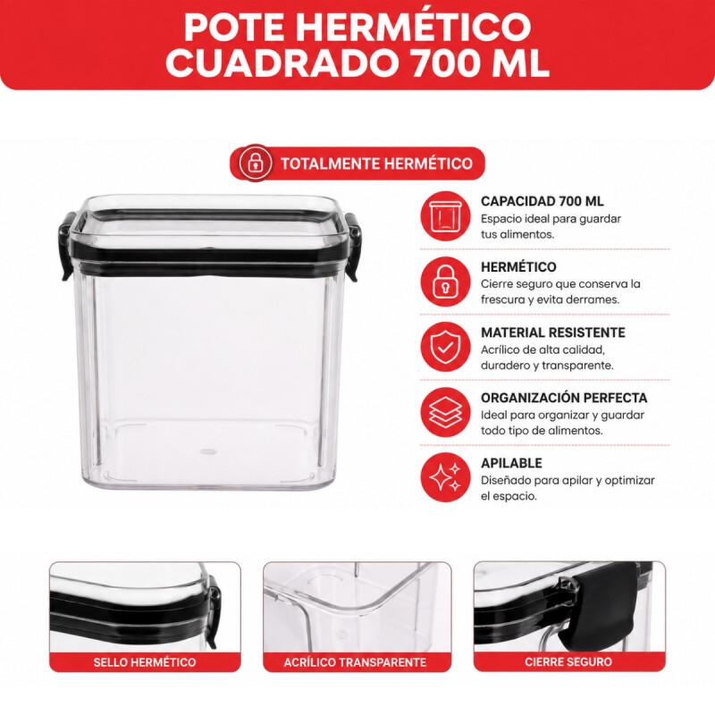 Pote hermético cuadrado 700 ml TRANSPARENTE