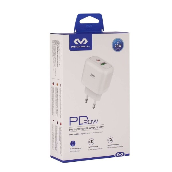 Ficha Cargador Miccell 20W 2 Puertos USB C + USB De Pared Variante Color Blanco