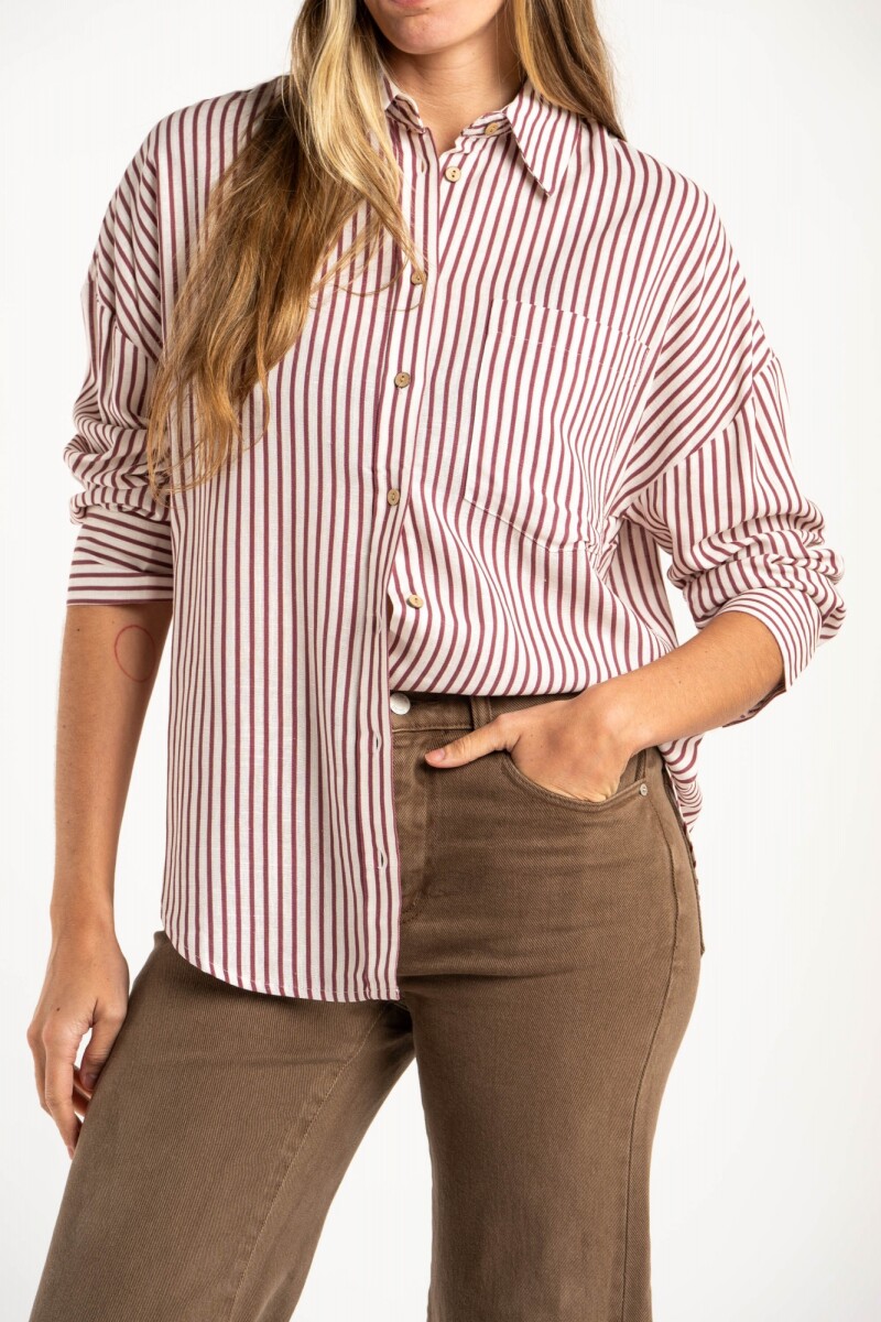 Camisa Rayada Con Lino Burdeos
