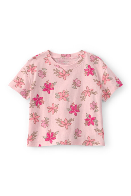 Remera de algodón, manga corta, rosada, diseño floral Remera de algodón, manga corta, rosada, diseño floral
