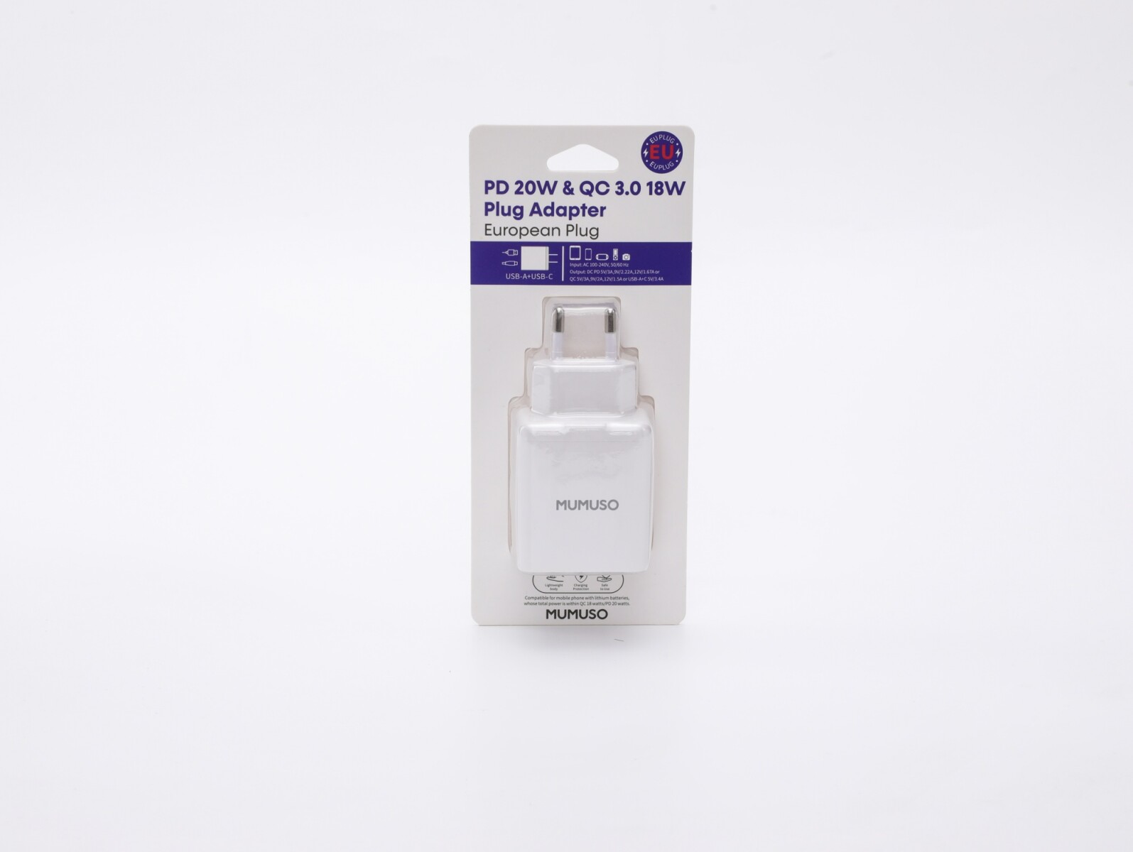 ADAPTADOR DE ENCHUFE PD 20W Y QC 3.0 18W (ENCHUFE EUROPEO/BLANCO) 