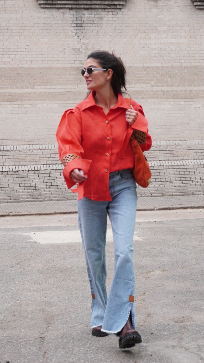 Camisa Puño Lino - Coral Con Camel 