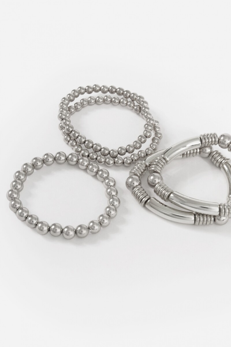 Set de 5 pulseras elásticas de cuentas plateado