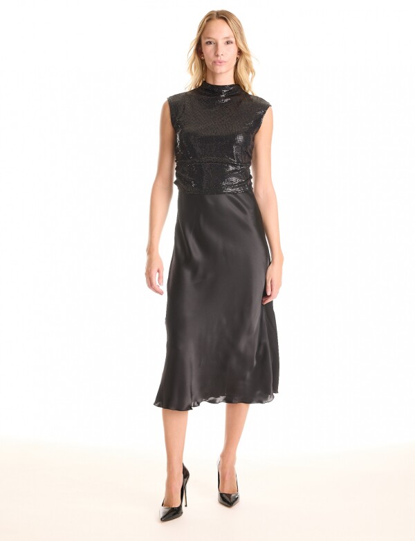 Vestido Noche Midi Satinado Con Top De Lentejuelas NEGRO