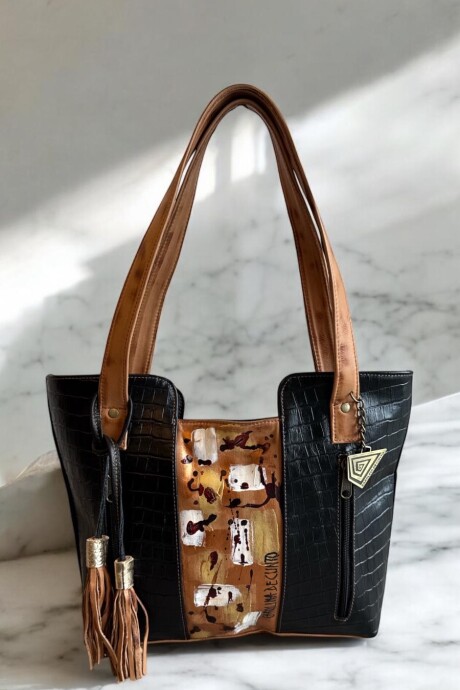Cartera FILIPPA De Cuero Con Arte Pintada A Mano Color Negro Y Terra