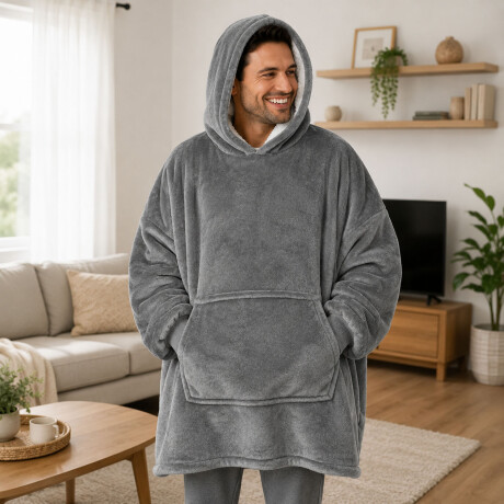Buzo Canguro Oversize Manta Polar Afelpada Corderito Capucha Gris
