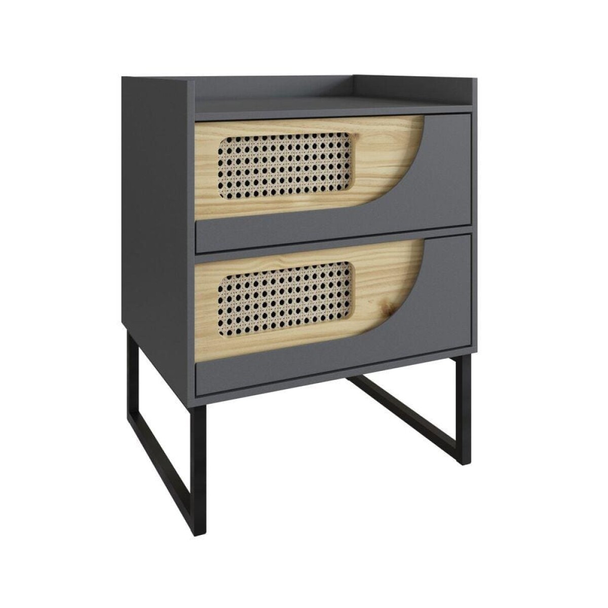 Mesa de Luz Dos Cajones Grafito Detalle Madera Clara y Rattan 