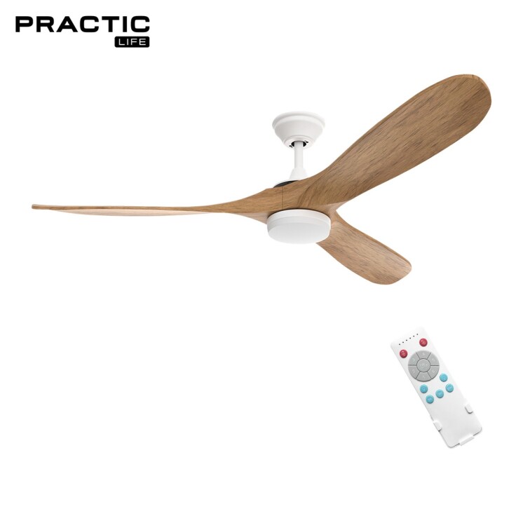 Ventilador de Techo Practic Life FS52930C 60" con 3 Aspas de Madera, Luz LED y Control Remoto Blanco