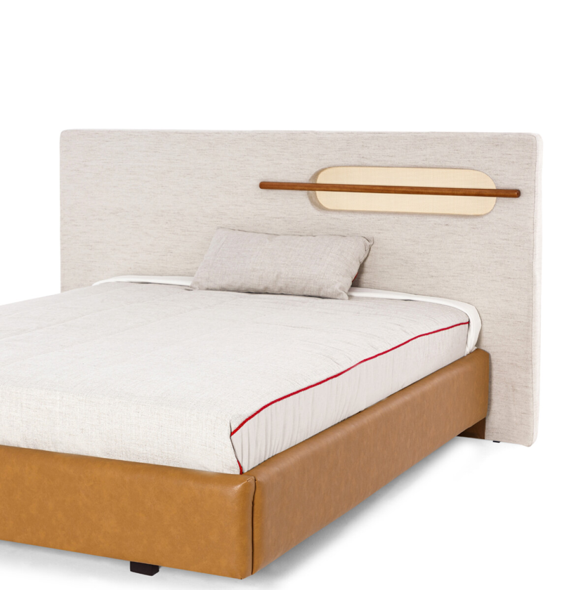 RESPALDO 2 PLAZAS - TAPIZADO TELA RUSTICA CLARA C/DETALLES MADERA Y RATTAN 