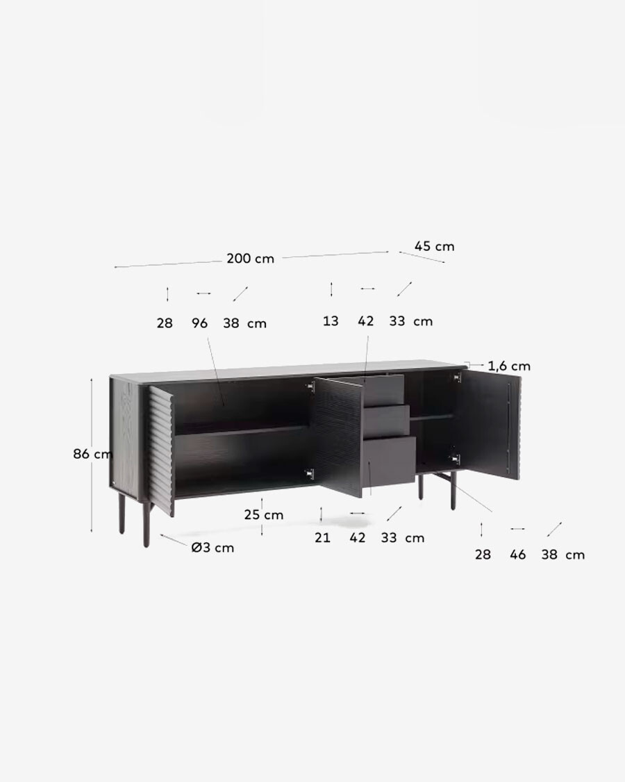 Aparador Lenon 3 puertas y 3 cajones madera maciza y chapa roble negro 200x86cm FSC Mix Crédito