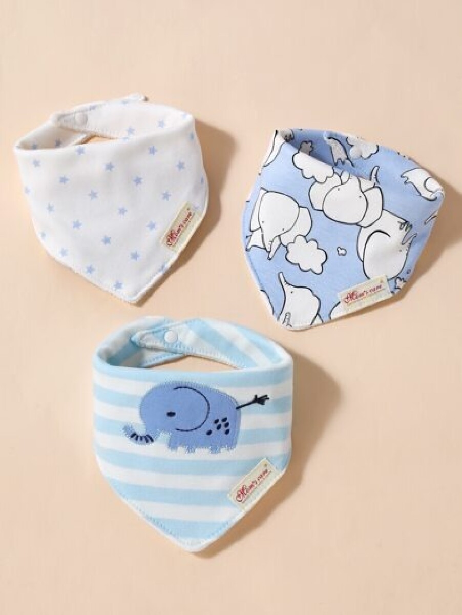 Set baberos bandana x3 - elefante celeste rayas 