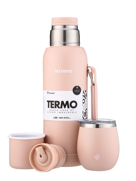Kit Termo 1LT Con Base De Silicona + Mate De Acero Con Tapa Rosado