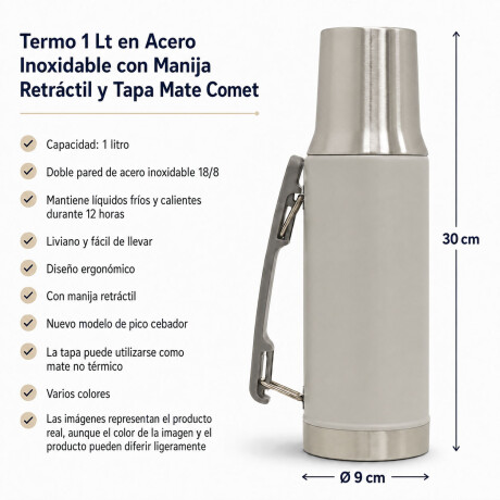 Termo 1Lt Acero Inox con Manija Retráctil y Tapa Mate Comet Termo 1lt Acero Inox Con Manija Retráctil Y Tapa Mate Comet