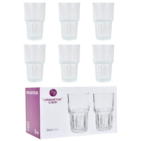 Set de 6 vasos de vidrio altos con base labrada Set de 6 vasos de vidrio altos con base labrada