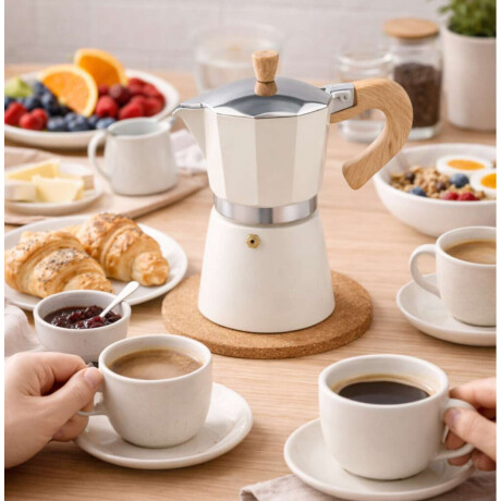 Cafetera italiana con mango simil madera 12 tazas Beige