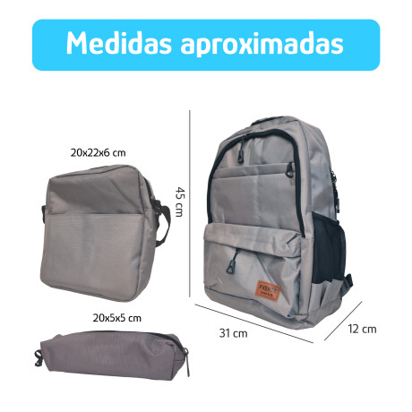 Set Mochila Bolso Cartuchera Alumno Resistente 3 Piezas Gris