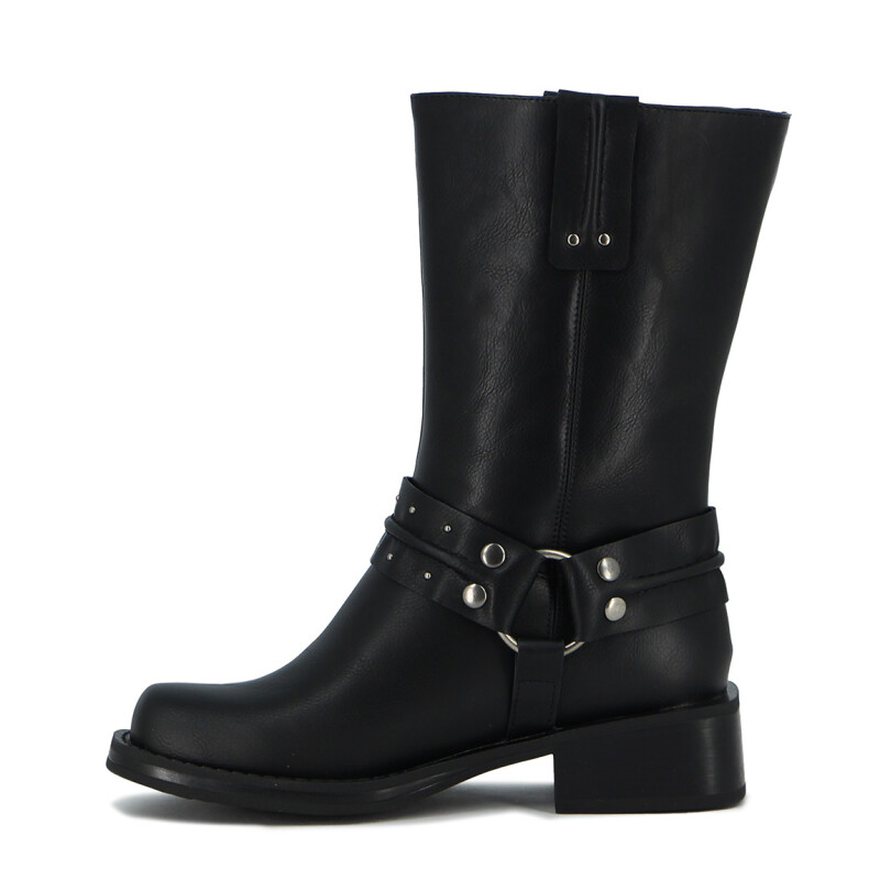 Darkness Bota Dama Caña Media Con Hebilla Y Taco Bajo Negro