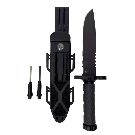 Cuchillo de supervivencia con afilador e iniciador de fuego Negro