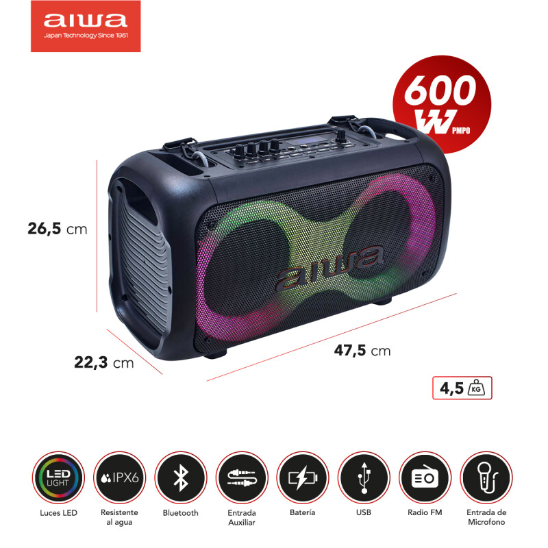 Parlante Portátil Bluetooth AIWA 600W PMPO con Correa Luces Led Entrada Guitarra y Micrófono | AWPOH35PLUS Parlante Portátil Bluetooth AIWA 600W PMPO con Correa Luces Led Entrada Guitarra y Micrófono | AWPOH35PLUS
